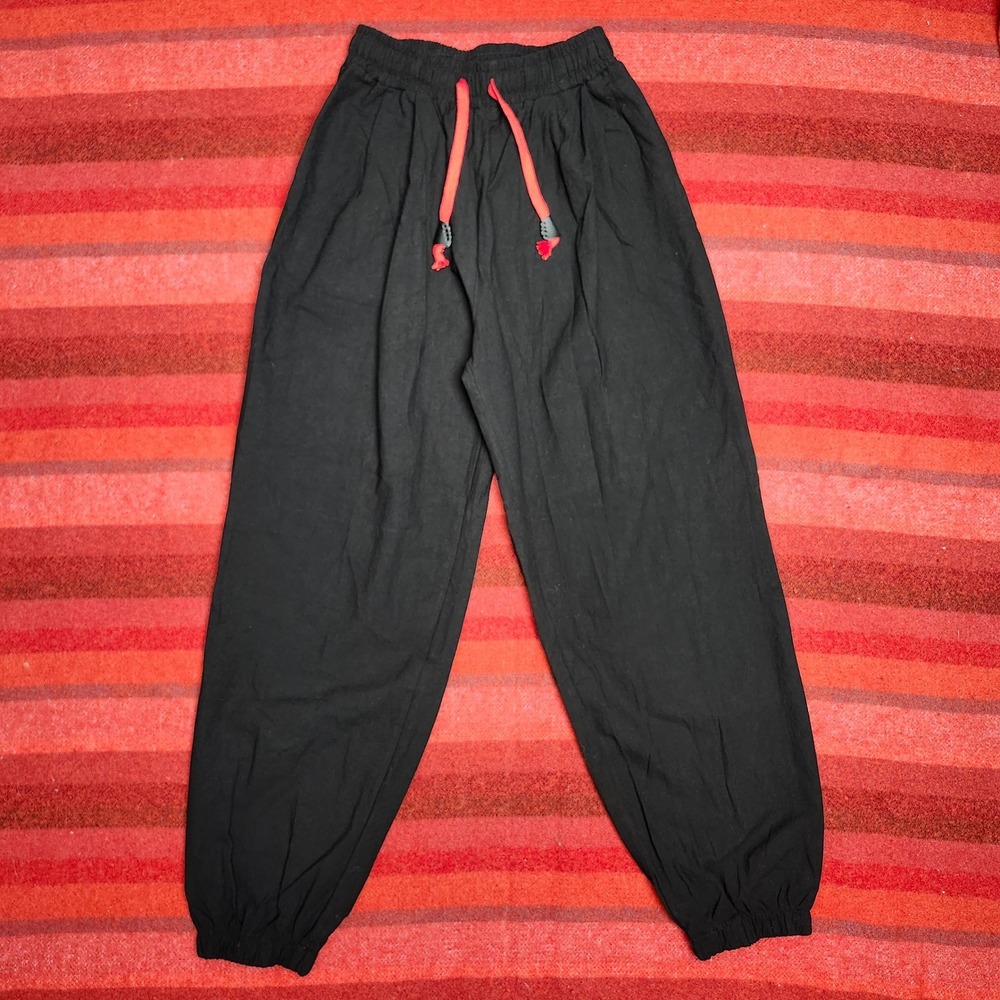 Linen Cotton Jogger Pants Mens Small Black Elastic Boho Drop Crotch Streetwear